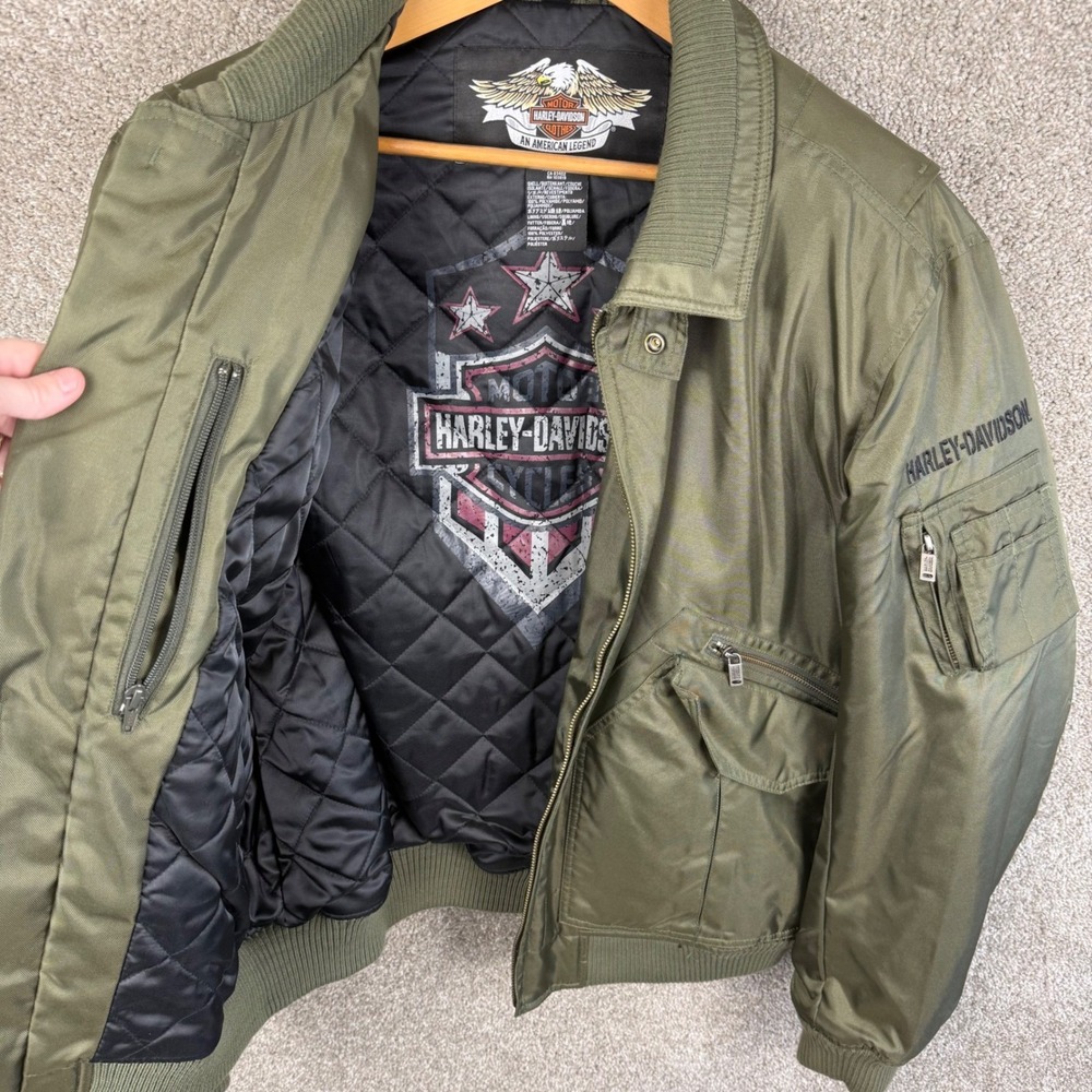 Harley-Davidson Mens XL Olive Green Nylon Bomber Jacket Embroidered Wing Logo - Picture 6 of 8